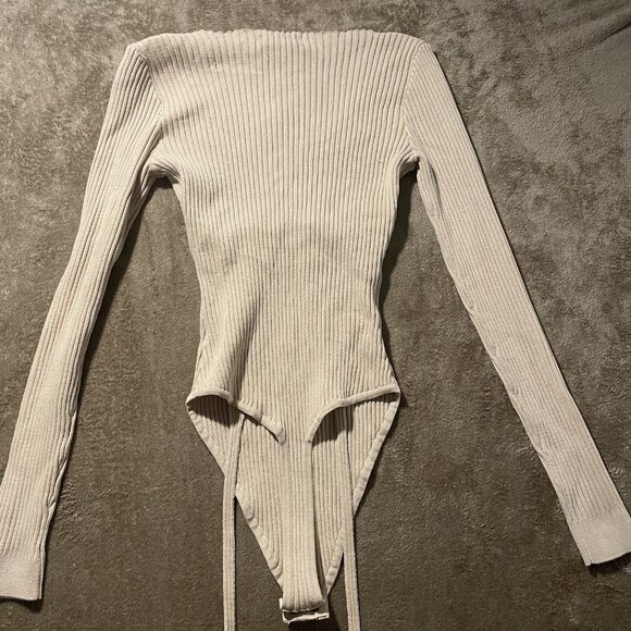 NWT Fashion Nova Bodysuit Womens Sz Large Ribbed Corinna Beige Tan Knit Long Slv - Picture 5 of 9